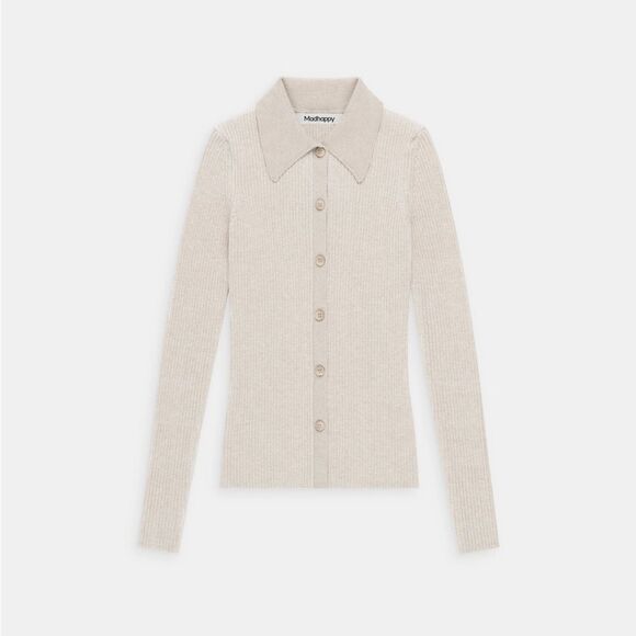 Madhappy Oatmeal Ribbed Knit Collared Long Sleeve Cardigan Sweater Size Small - Picture 1 of 9